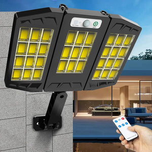 Foco LED Solar 3 Caras Plegables Con Sensor De Movimiento Y Control